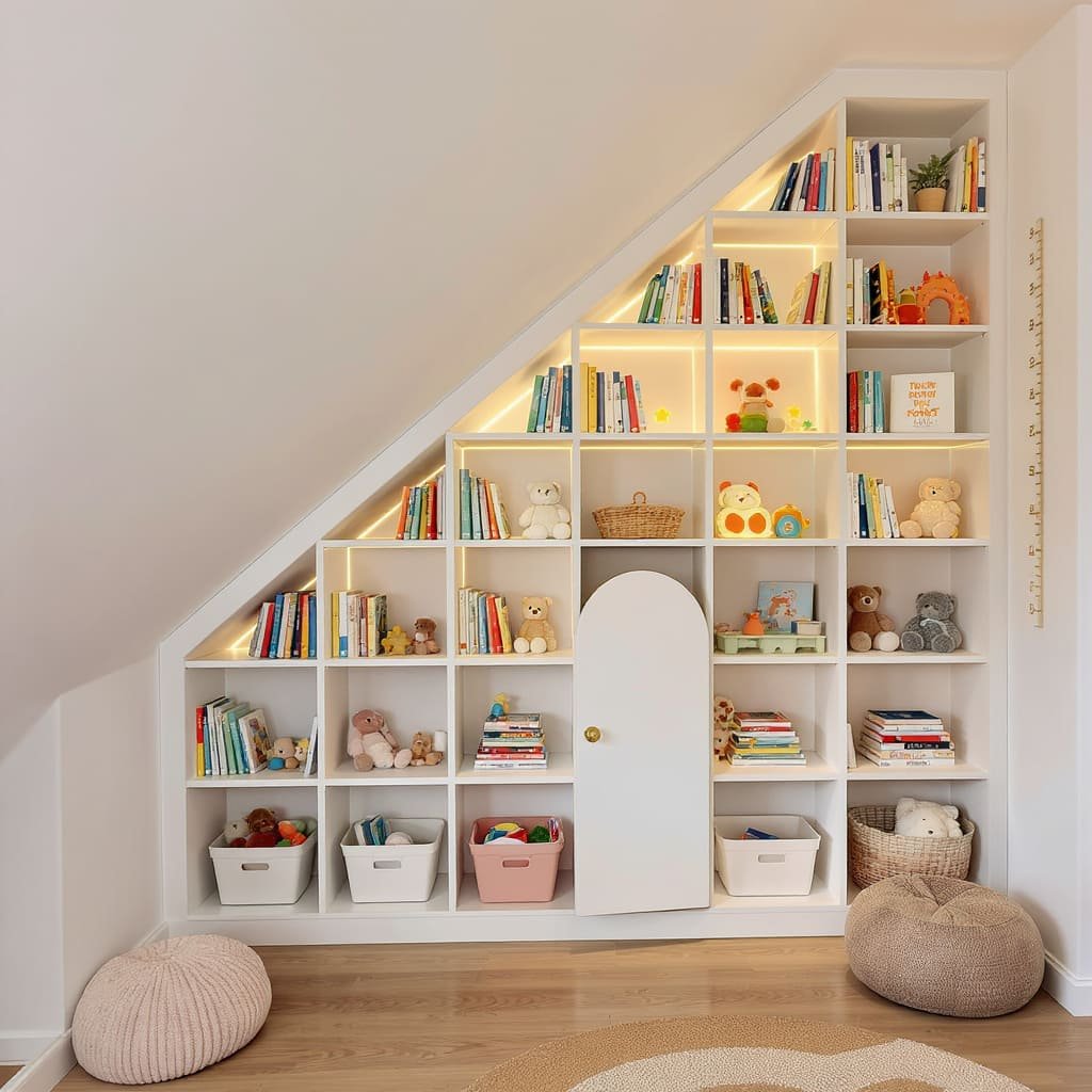 Understairs Kids Library and Secret Play Storage Wall