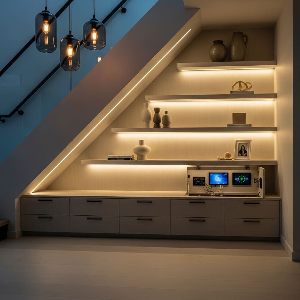 Understairs LED Display Shelves With Hidden Charging Drawer