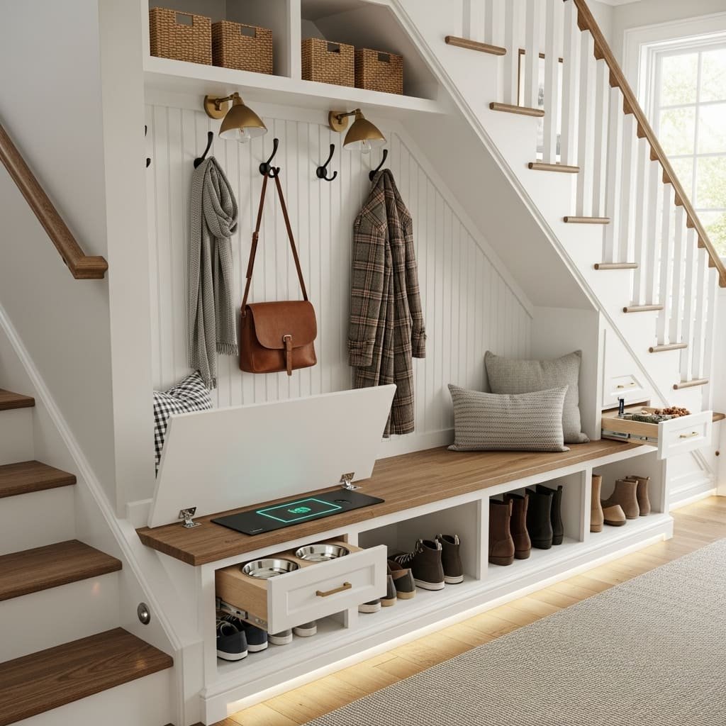 Understairs Mudroom Bench With Hidden Charging and Pet Drawer