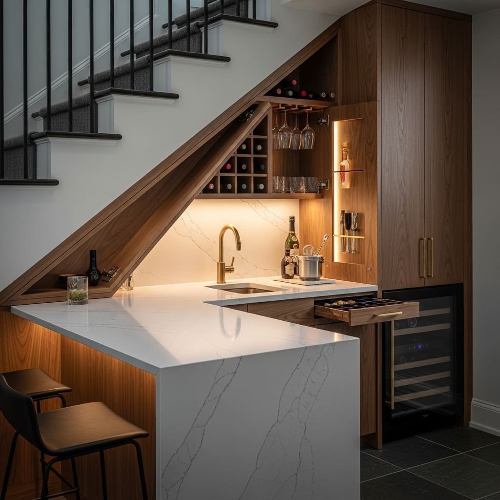 Understairs Walnut Wet Bar With Wine Storage
