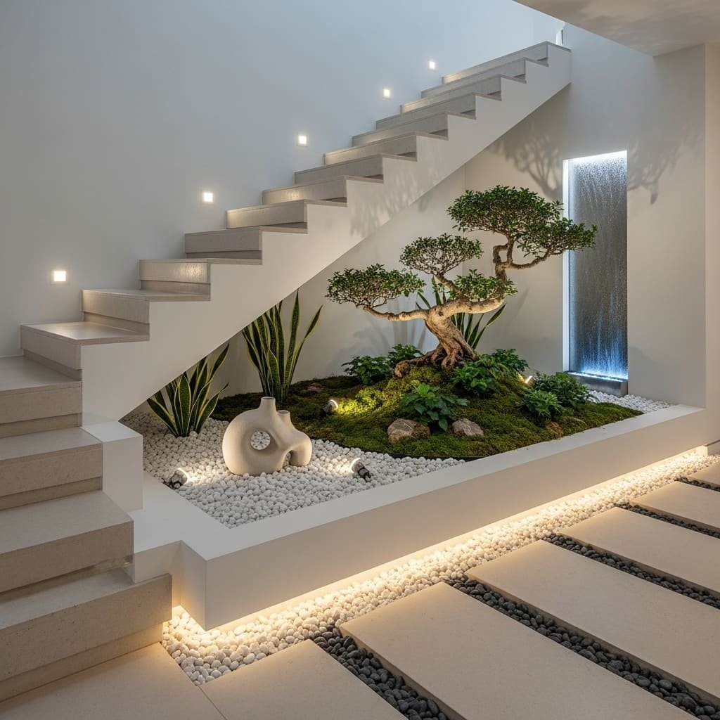 Understairs Zen Garden With Water Wall and Pebble Lighting
