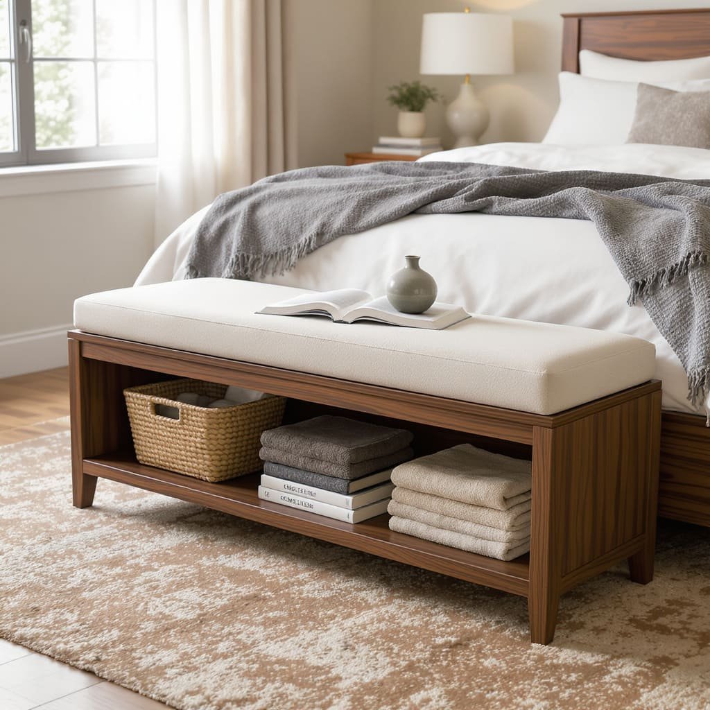 Upholstered Storage Bed Bench with Open Shelves