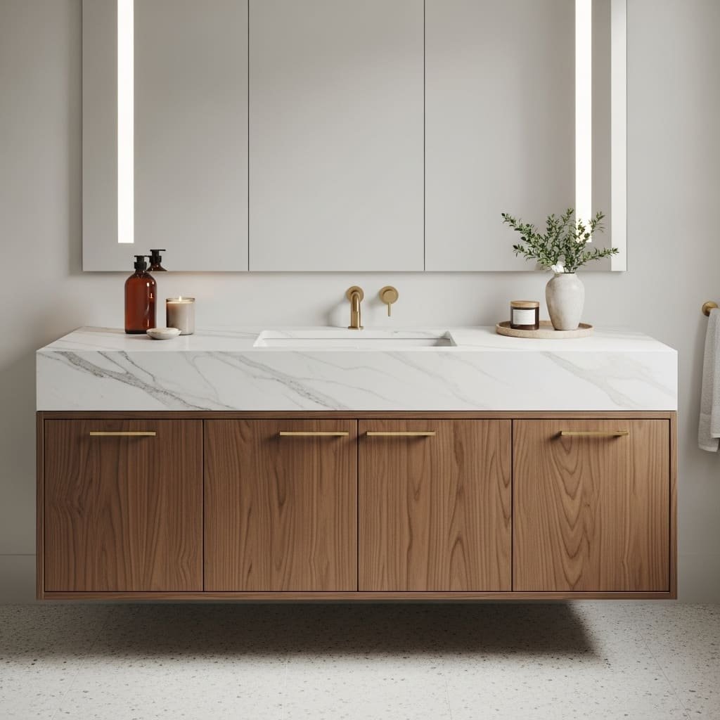 Walnut Floating Bathroom Vanity with Marble Countertop and LED Mirror