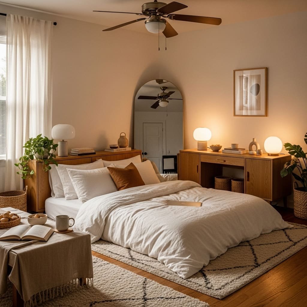 Warm Mid Century Floor Bed with Low Wood Storage