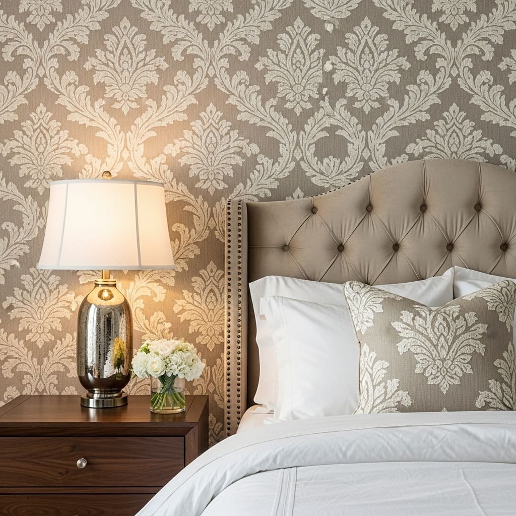 Warm Taupe Damask Soft Bedroom Wallpaper