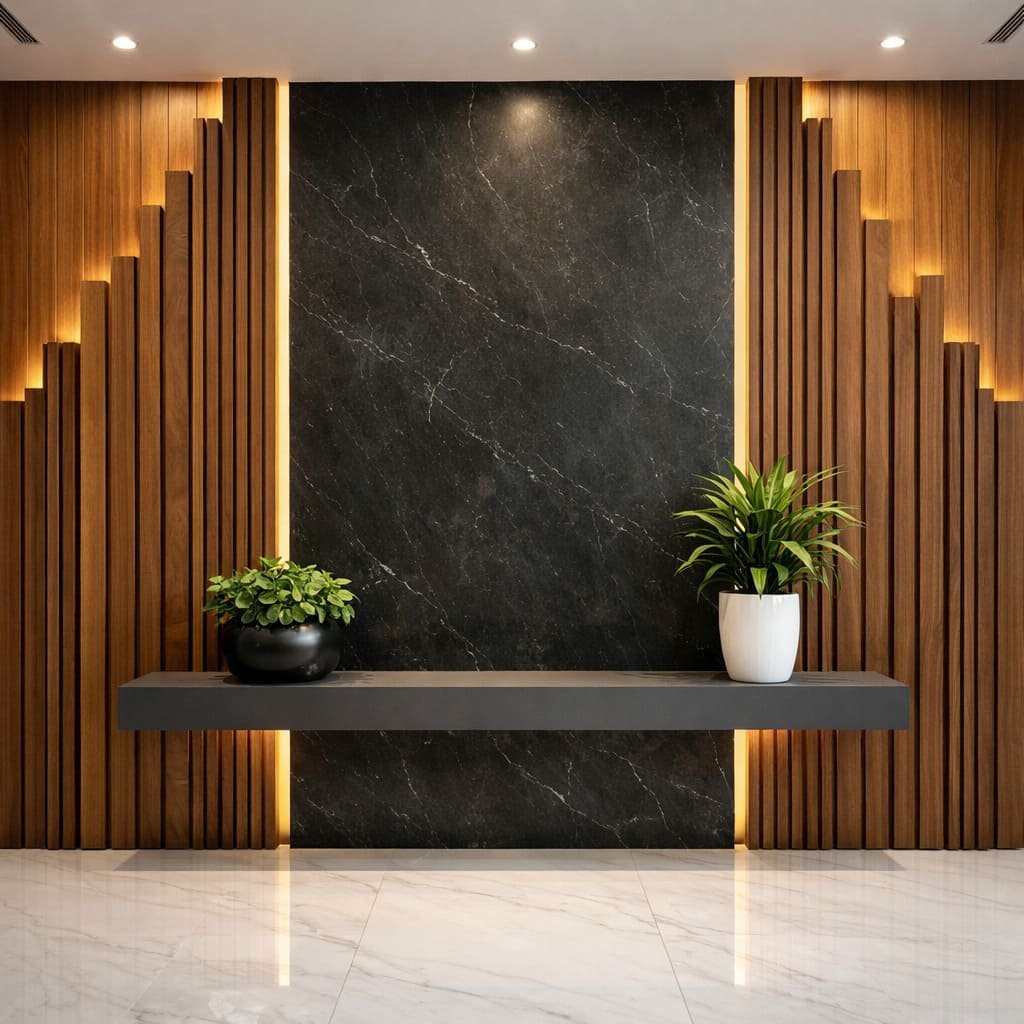Warm Wood Slat and Black Marble Office Entrance Feature Wall