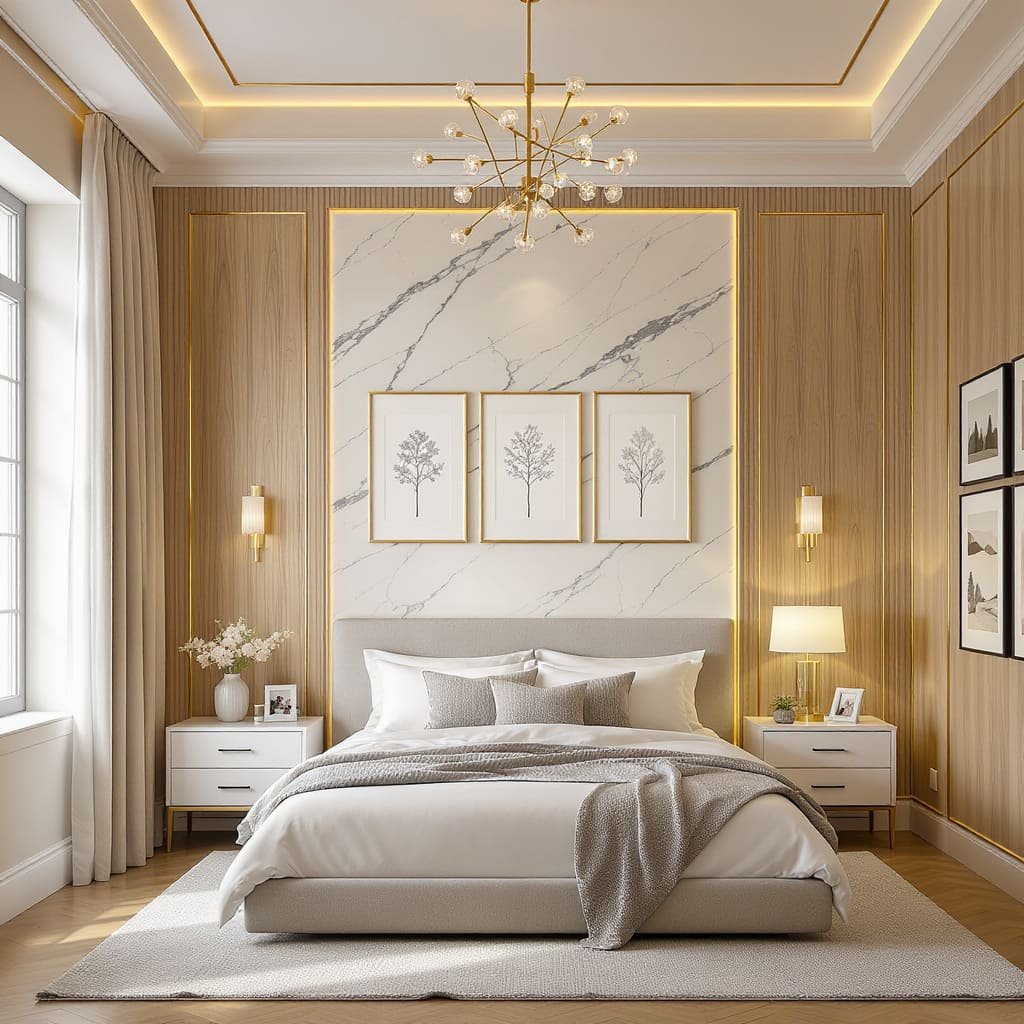 Warm Wood and Marble Accent Bedroom