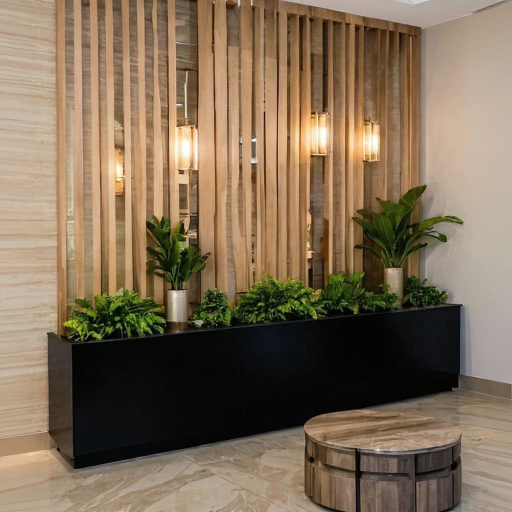 Wood Slat Biophilic Office Entrance Wall with Planter and Warm Sconces