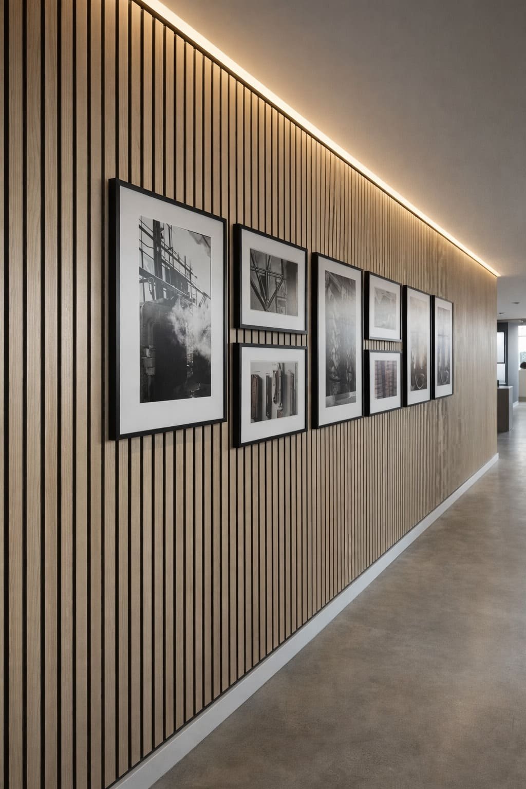 Wood Slat Gallery Wall with Linear Cove Lighting