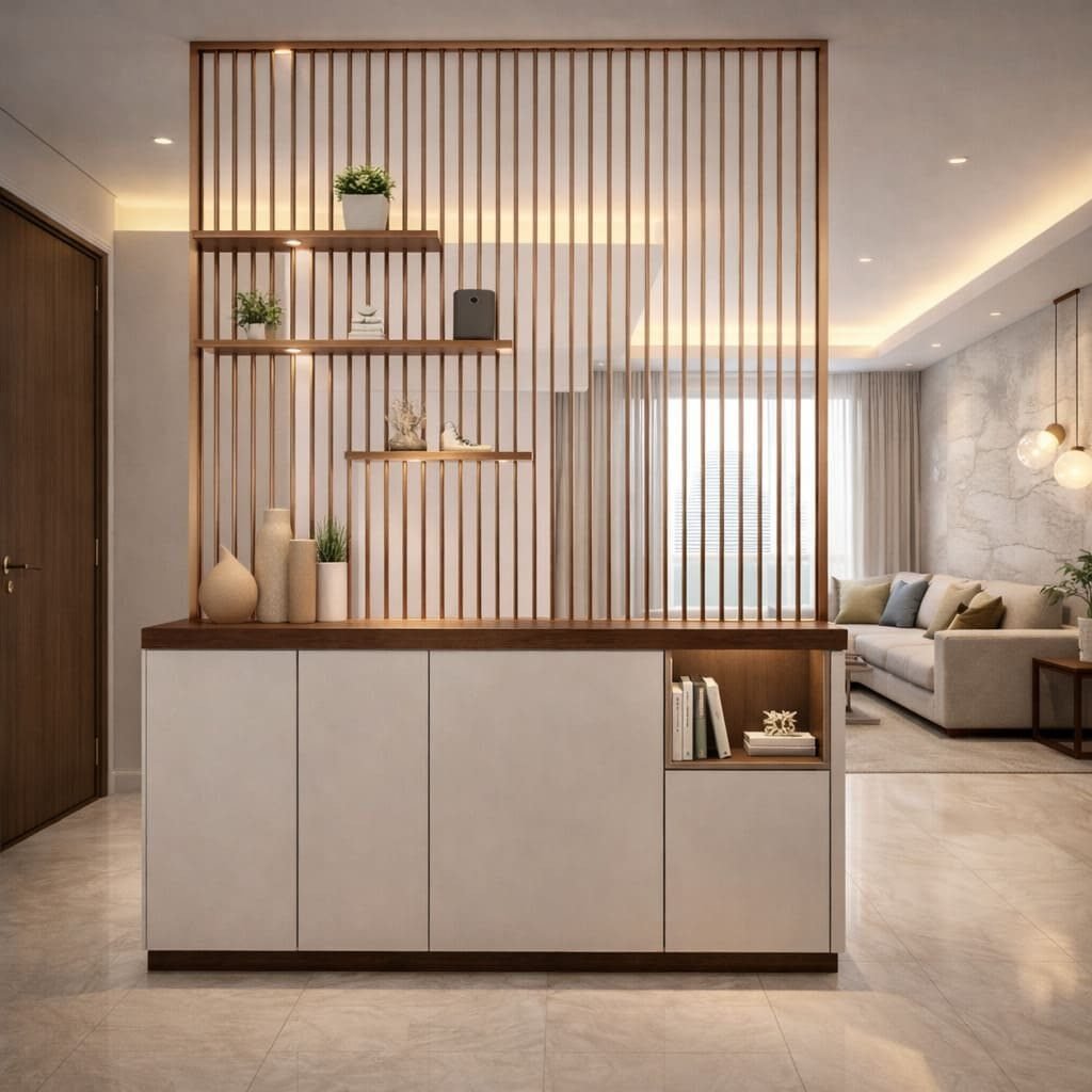 Wooden Slat Divider With Storage Cabinet