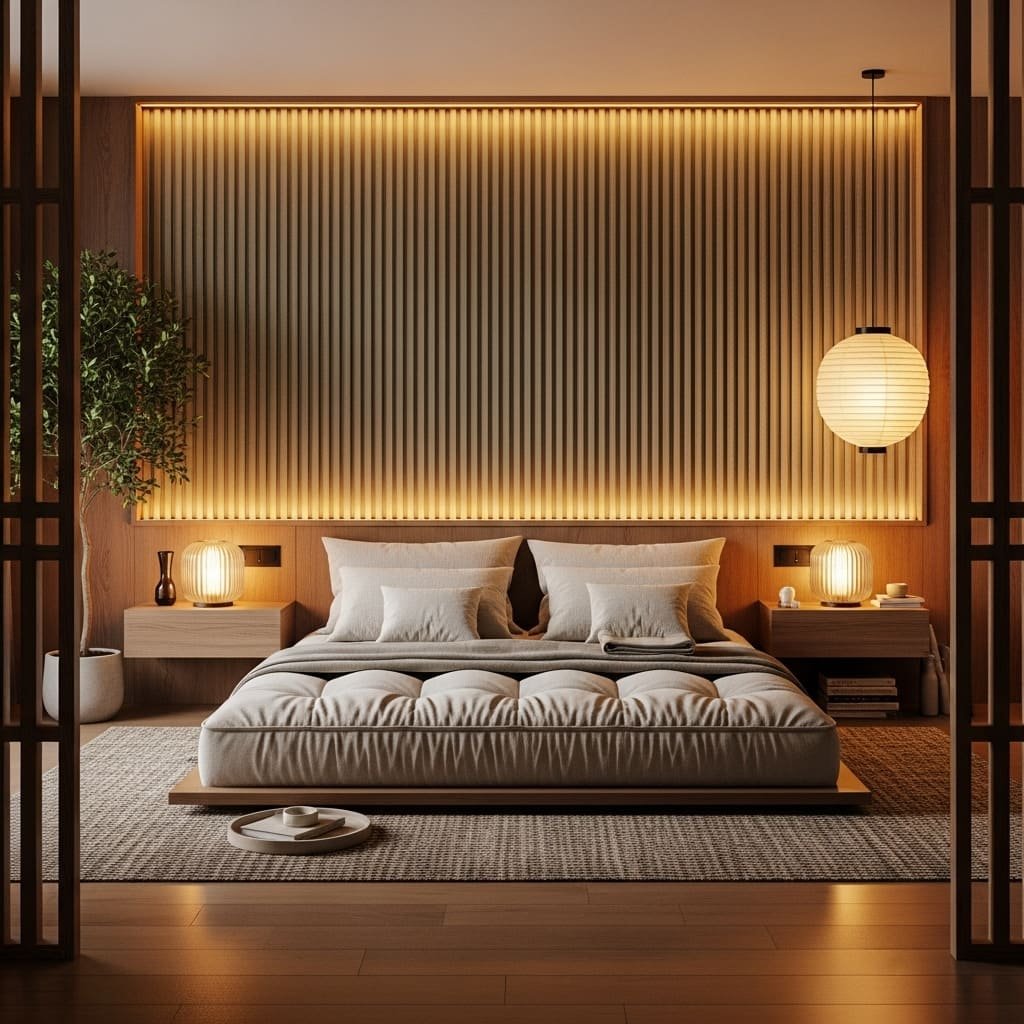 Zen Glow Floor Bed with Slatted Wood Feature Wall