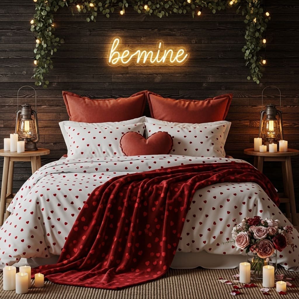 Be Mine Neon Sign Rustic Bedroom Setup
