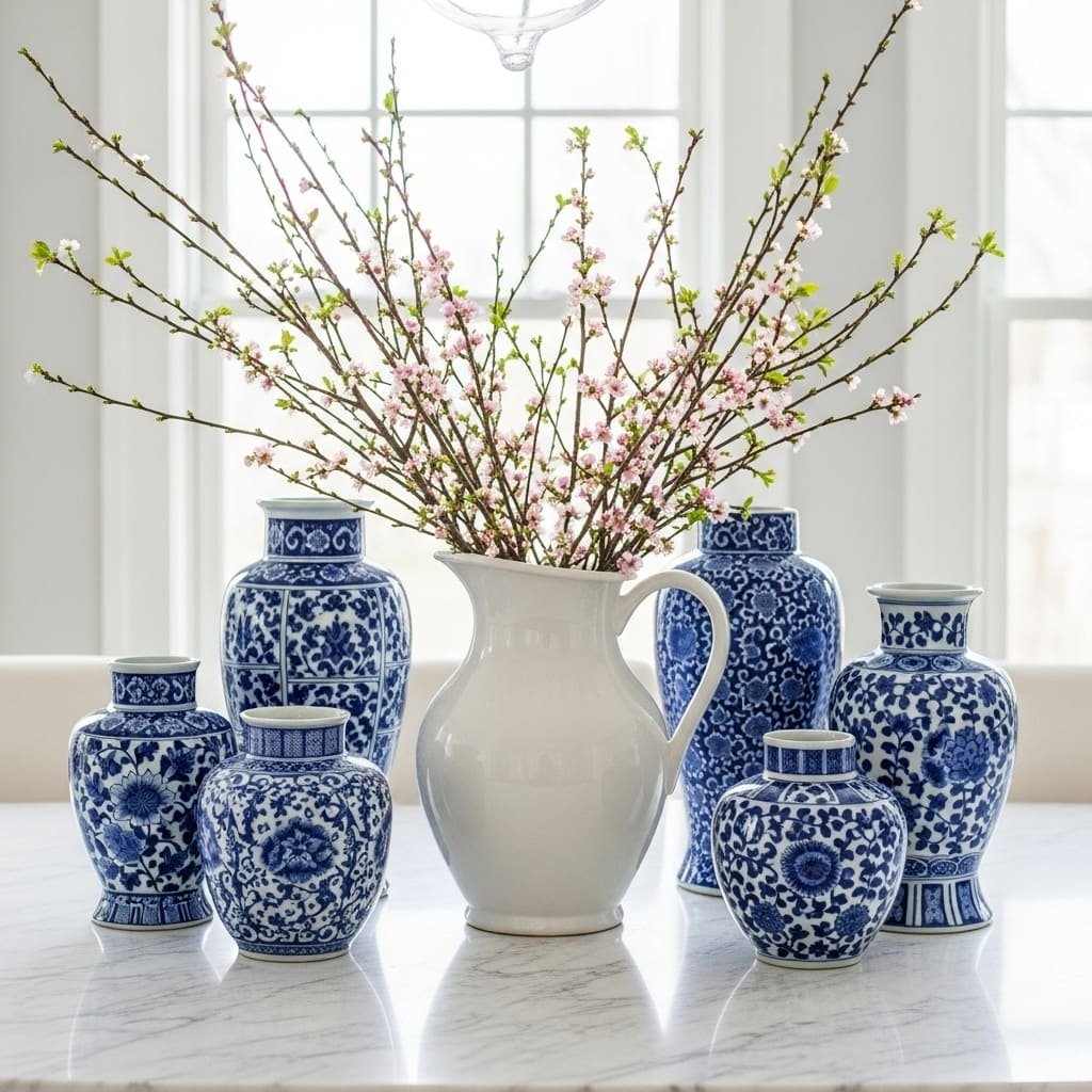 Blue and White Vase Spring Blossom Kitchen Decor