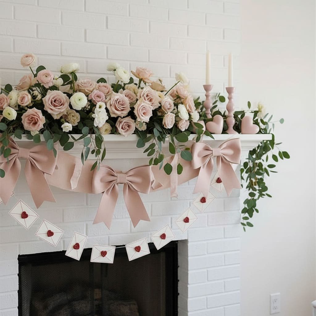 Blush Floral Bow Valentine Fireplace Mantel Display