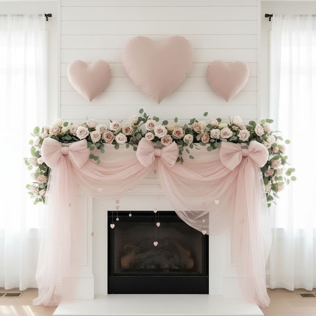 Blush Tulle Heart Garland Valentine Fireplace Display
