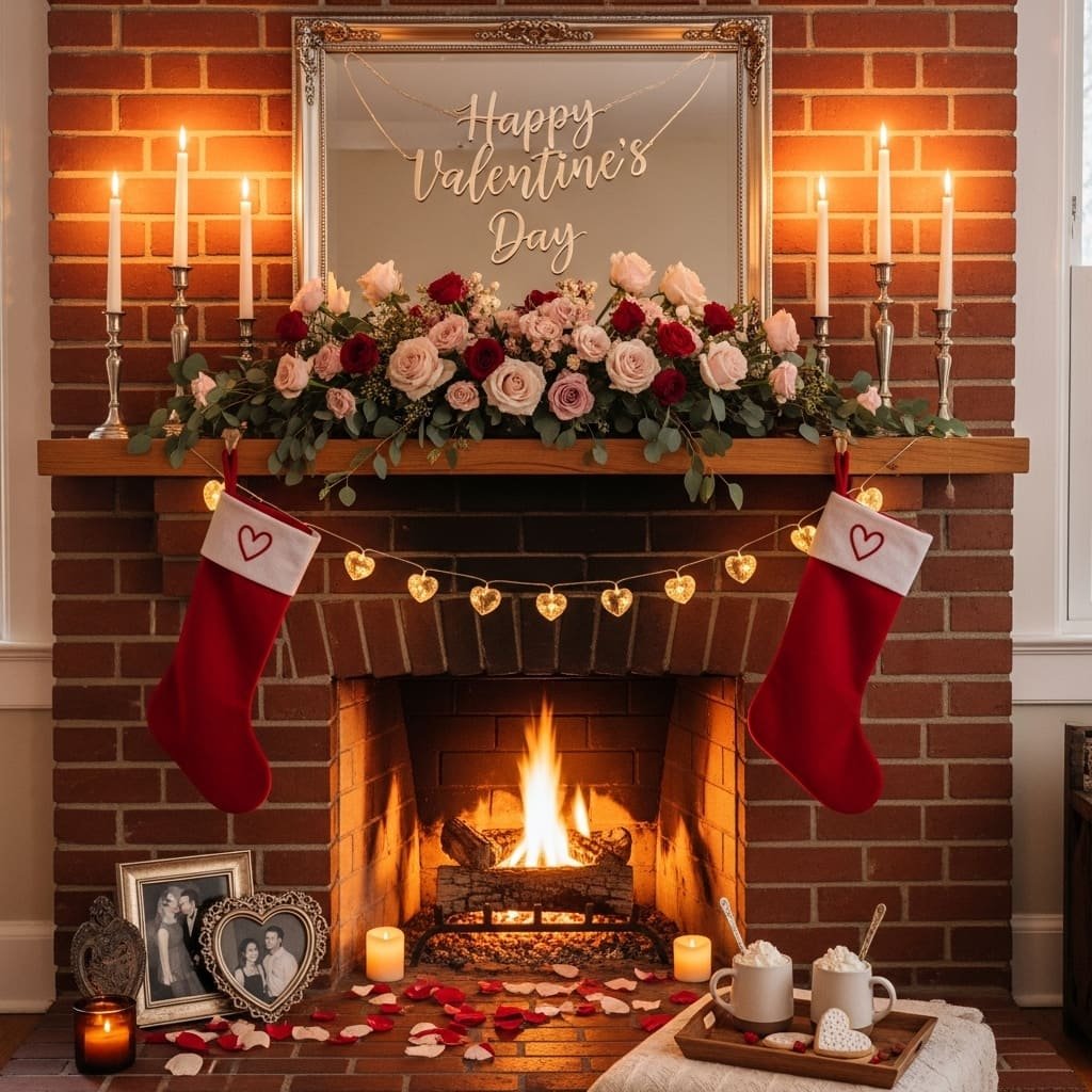Candlelit Rose Stocking Valentine Fireplace Display
