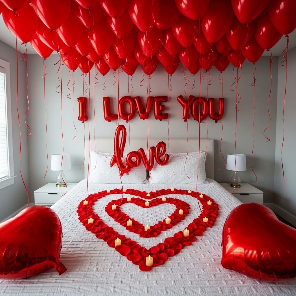 Ceiling Balloon Canopy with Rose Petal Heart Bed Setup
