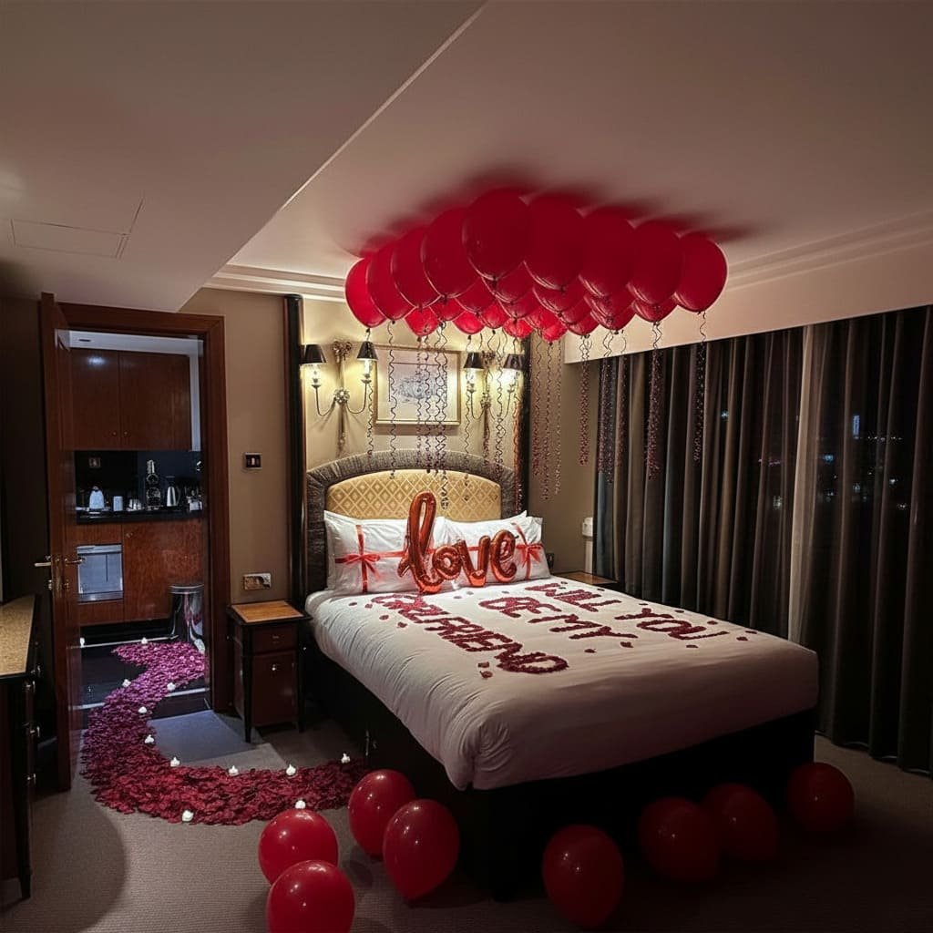Ceiling Balloon Canopy with Rose Petal Path Decor