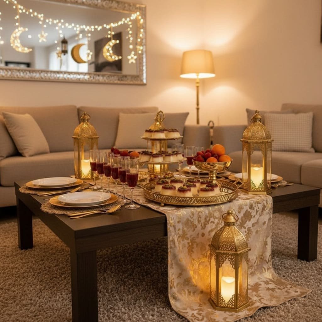 Cozy Living Room Ramadan Dessert and Lantern Table