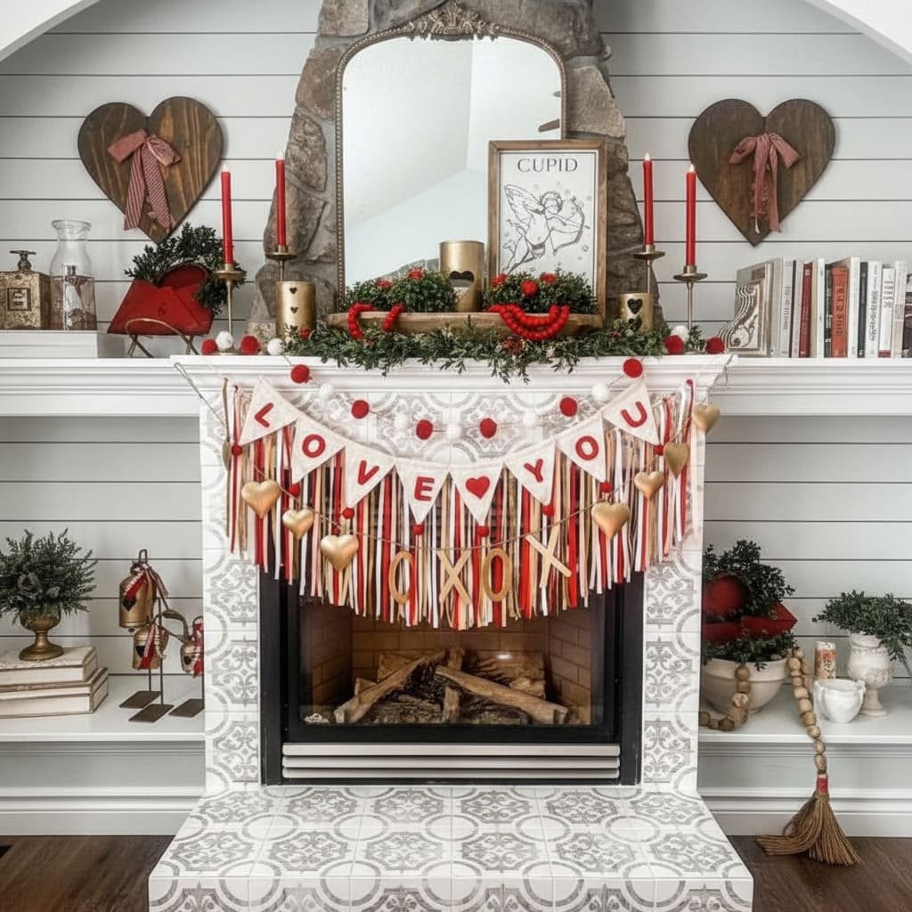 Farmhouse Love Fringe Valentine Fireplace Display