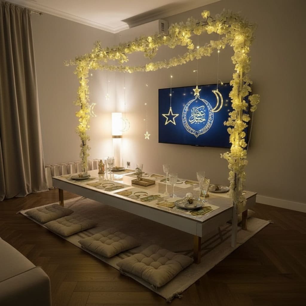 Floral Canopy Floor Iftar Table with Star Lights