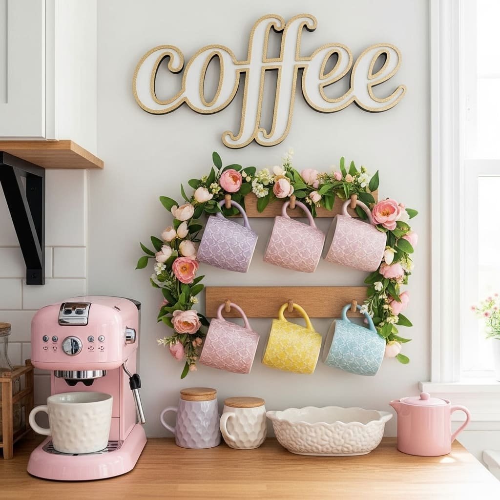 Floral Coffee Mug Wall Rack Spring Kitchen Decor