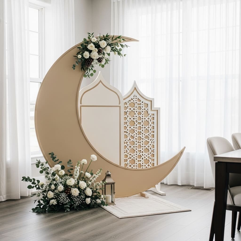Floral Crescent Moon Ramadan Prayer Corner Backdrop