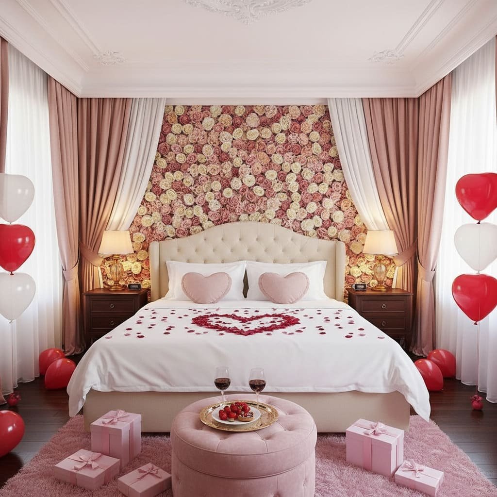 Floral Feature Wall Rose Petal Heart Valentine Bedroom Decor