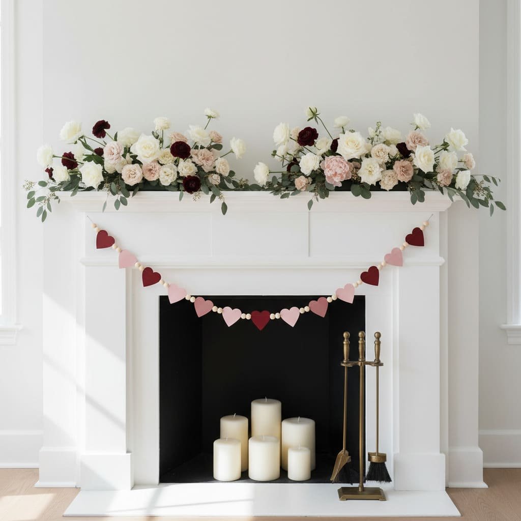 Floral Heart Bead Valentine Fireplace Mantel Decor