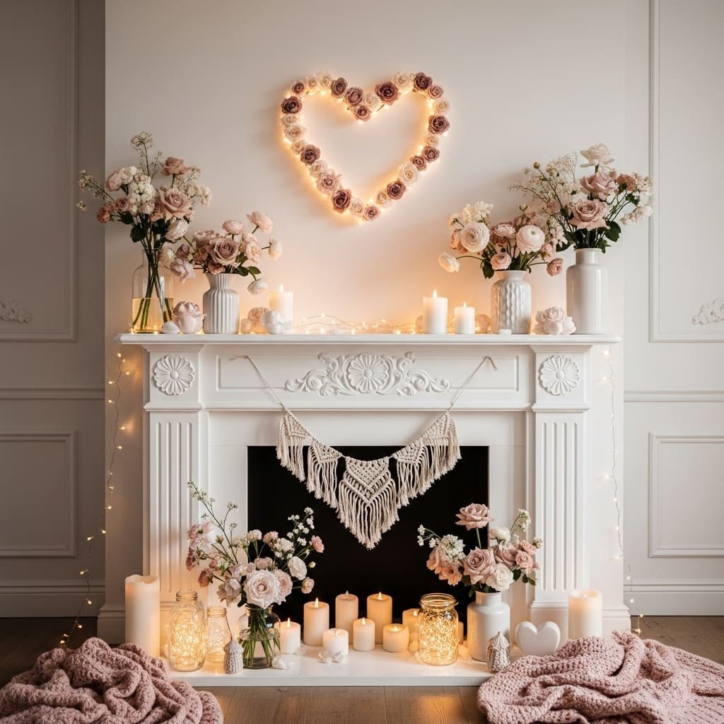 Floral Heart Glow Valentine Fireplace Arrangement