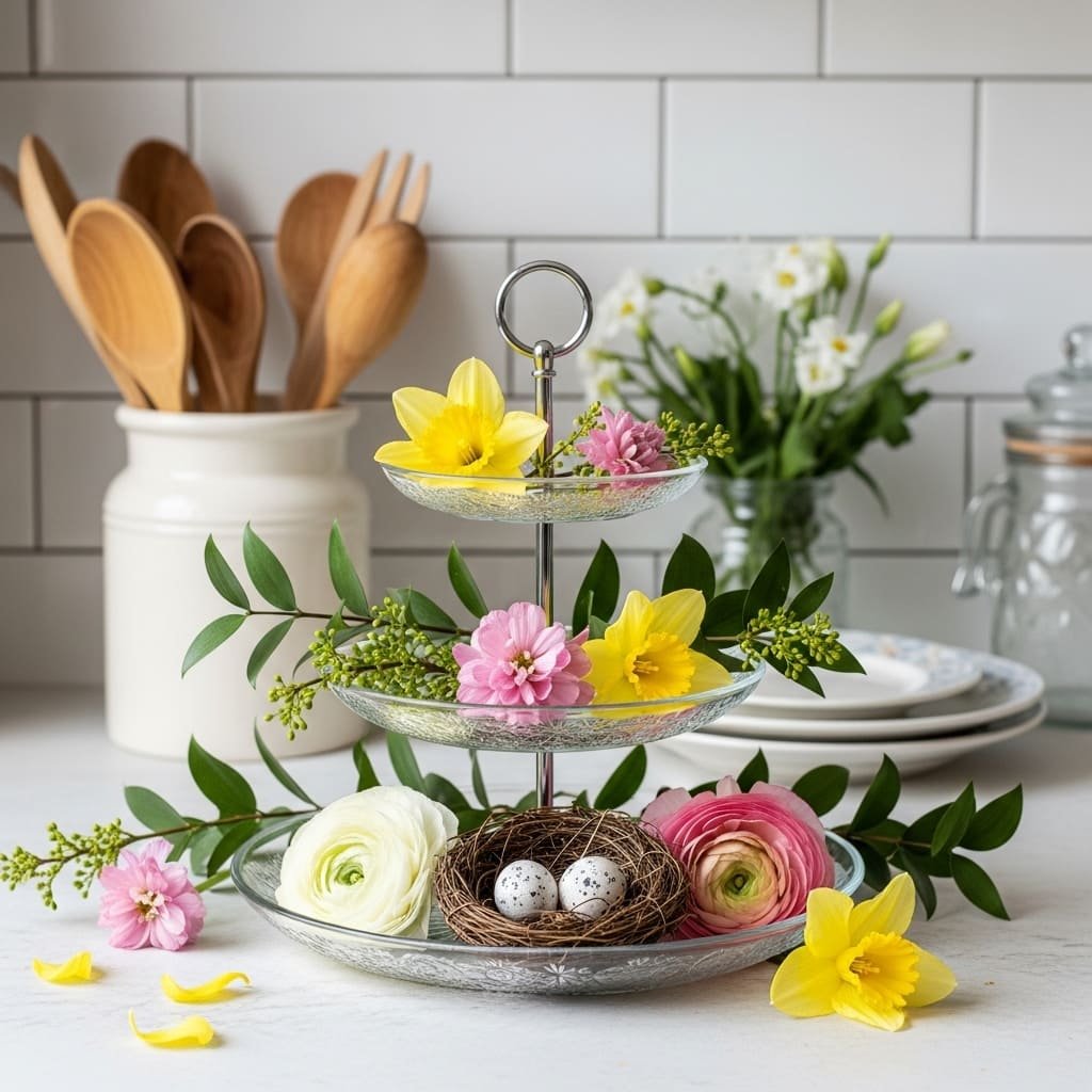 Floral Tiered Tray Spring Kitchen Centerpiece