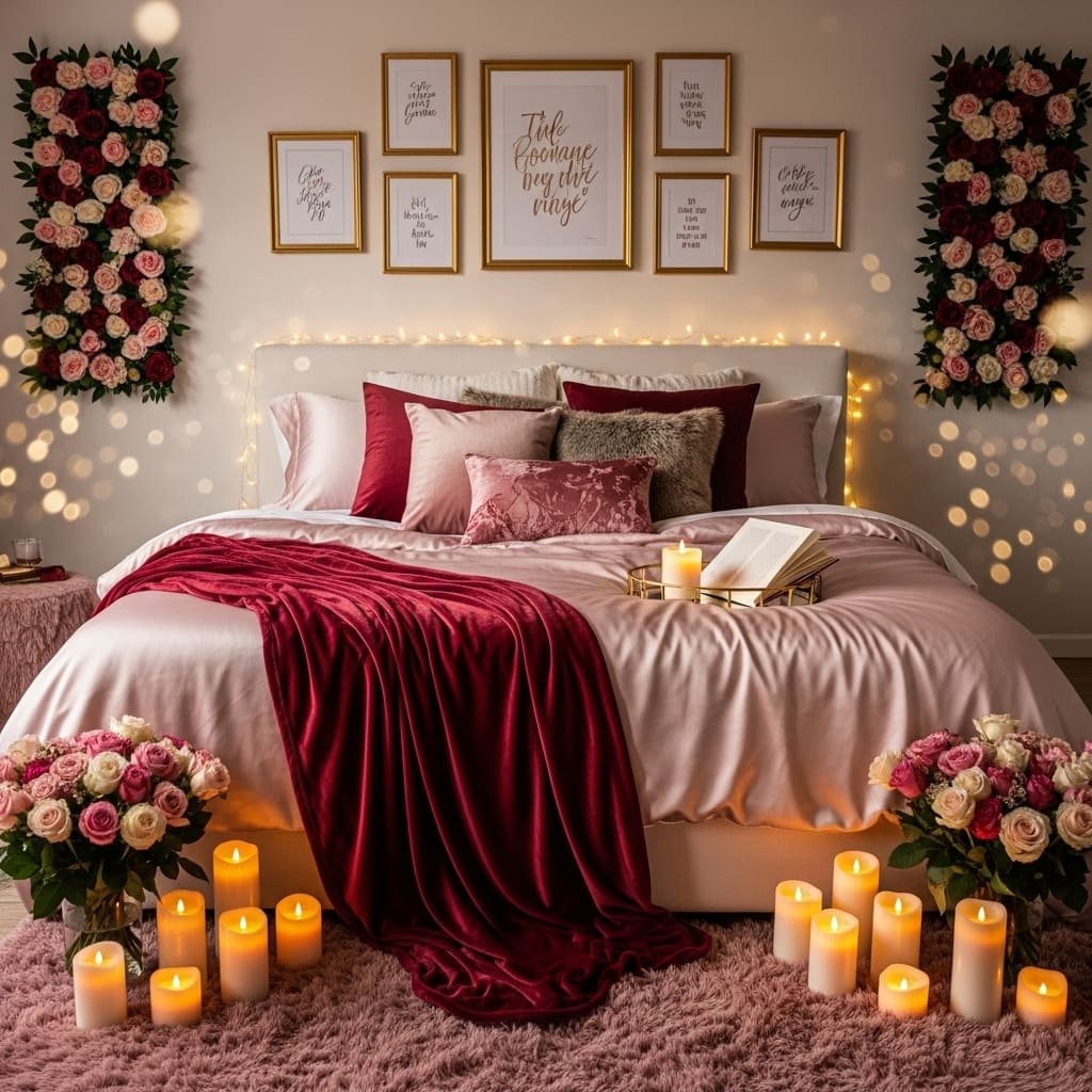 Floral Wall Frame Candlelight Valentine Bedroom Setup