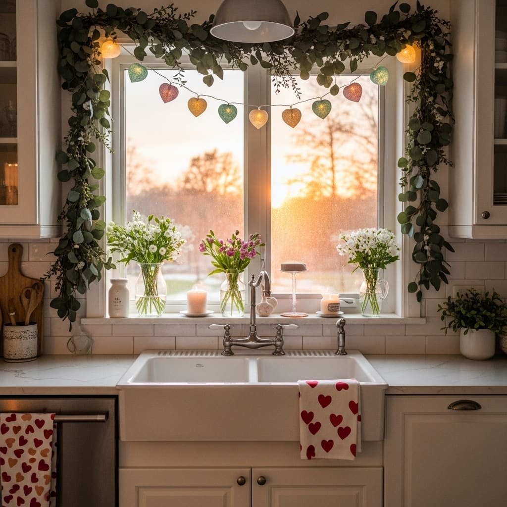 Floral Window Garland and Heart Light Kitchen Decor