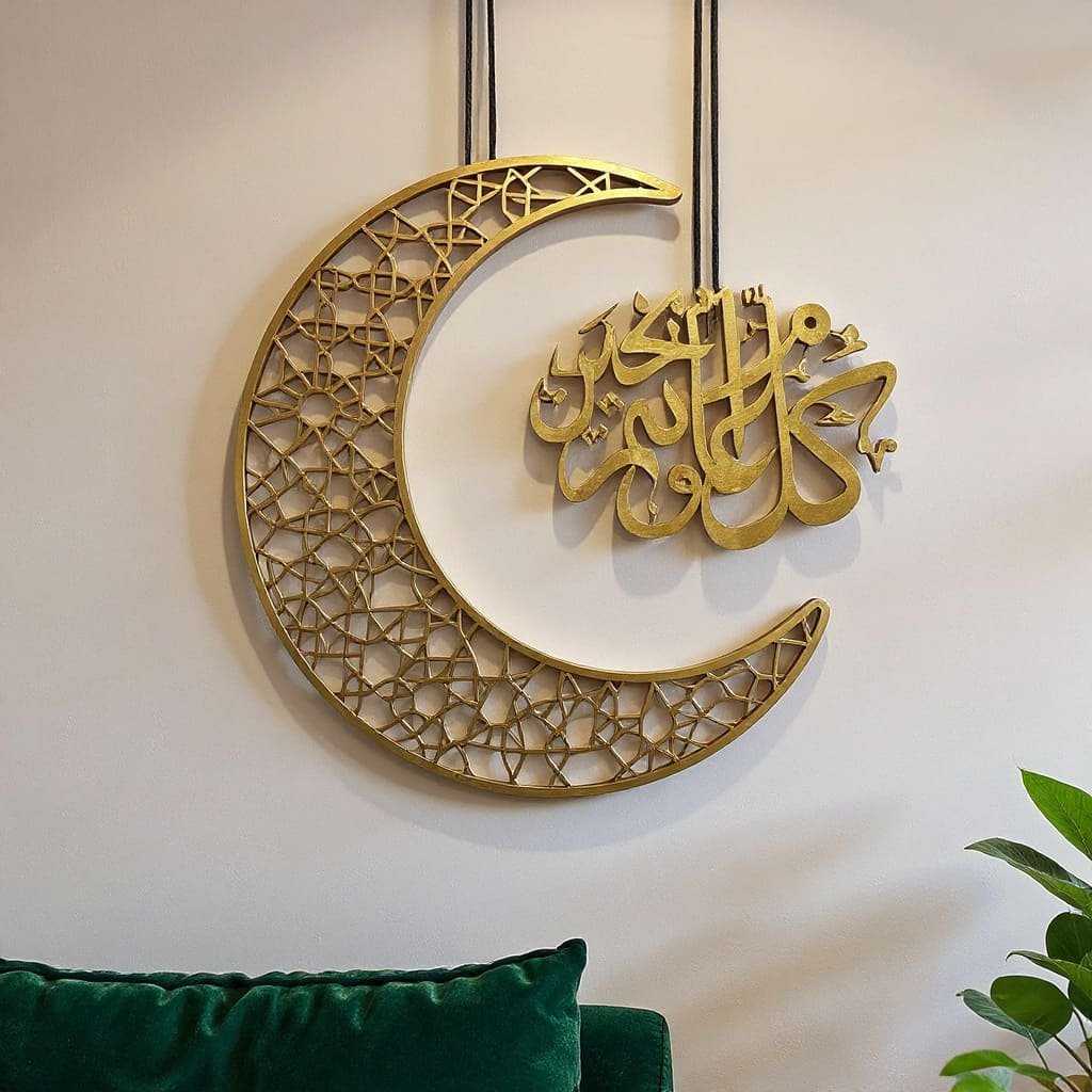 Gold Crescent Moon Arabic Calligraphy Wall Art