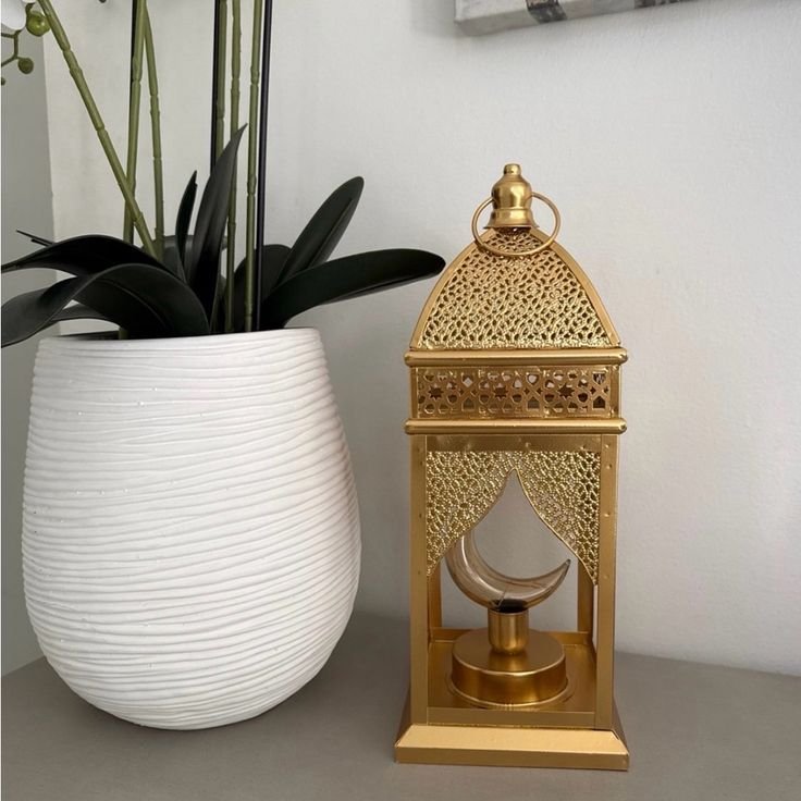 Gold Ramadan Lantern with Crescent Candle Stand
