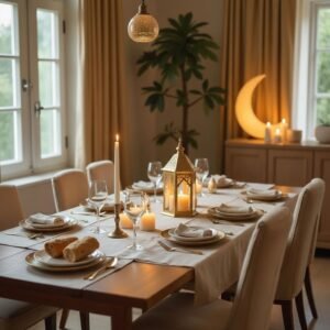 Golden Crescent Lamp Cozy Ramadan Dinner Table
