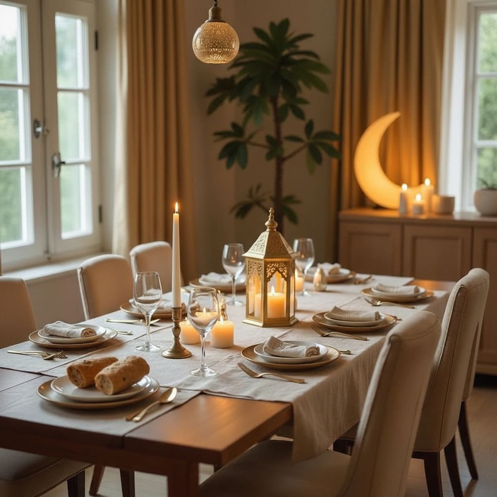Golden Crescent Lamp Cozy Ramadan Dinner Table