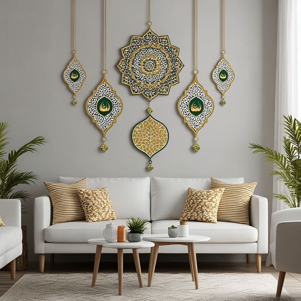 Hanging Islamic Medallion Wall Set in Gold and Green