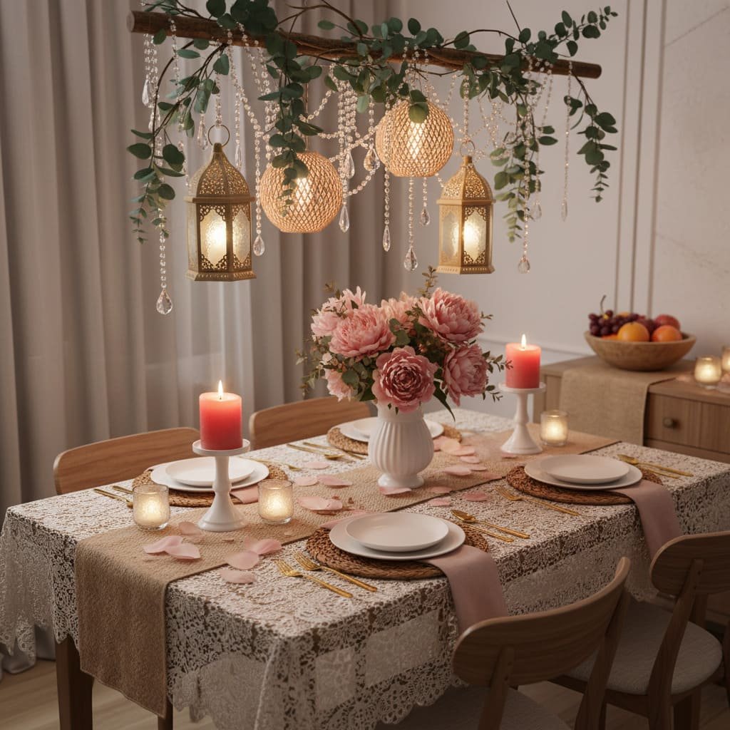 Hanging Lantern and Crystal Garland Ramadan Table