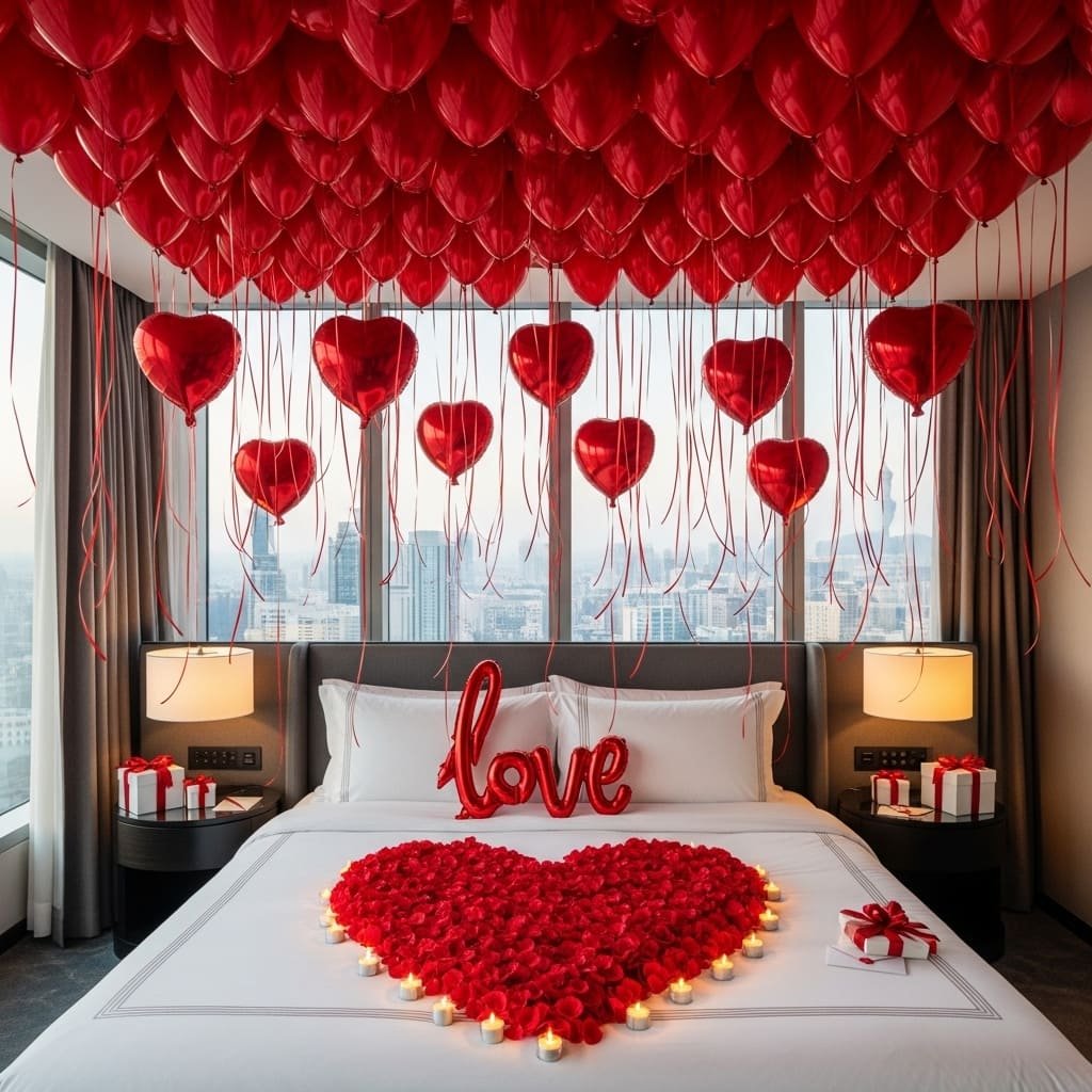 Heart Balloon Ceiling and Rose Petal Bed Set