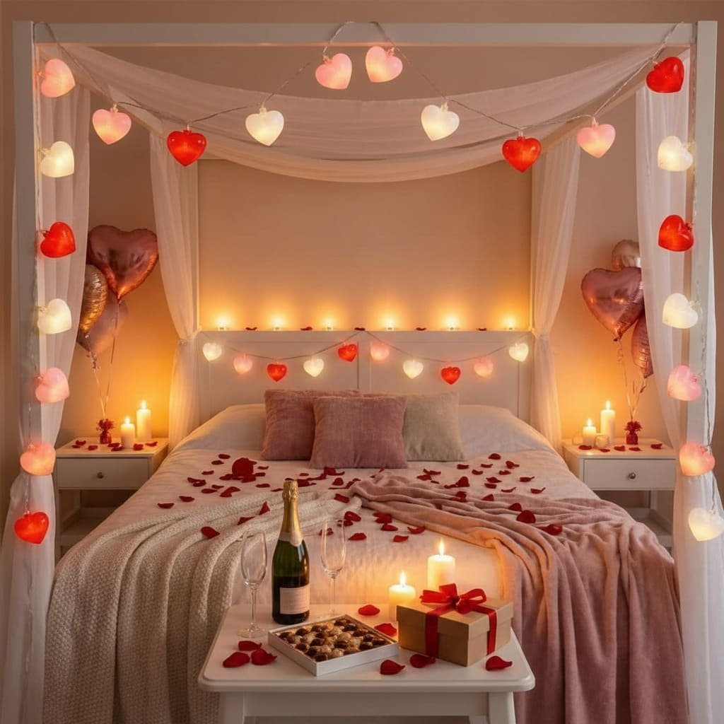 Heart String Light Canopy Bed Valentine Setup