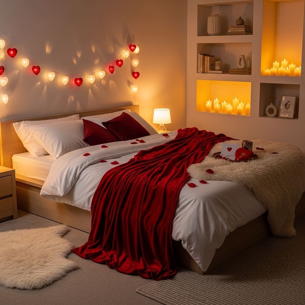 Heart String Lights and Candle Shelf Bed Setup