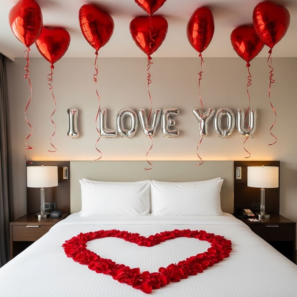 I Love You Balloon Wall and Rose Petal Heart Bed