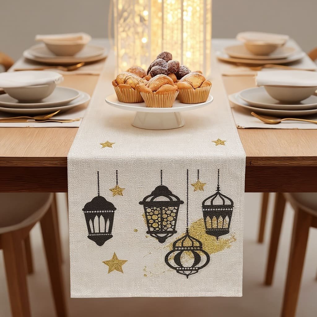 Linen Lantern Glow Ramadan Table Runner