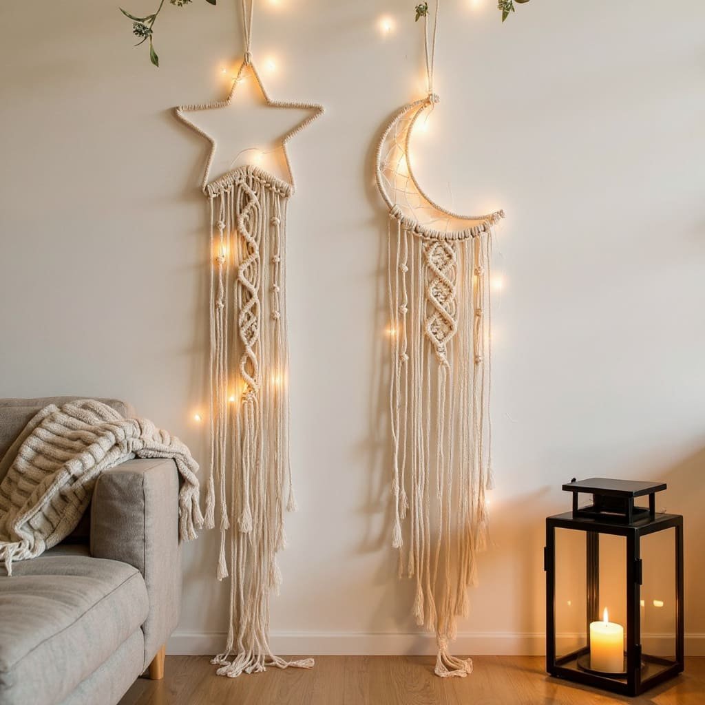 Macrame Crescent and Star Wall Hanging with Fairy Lights