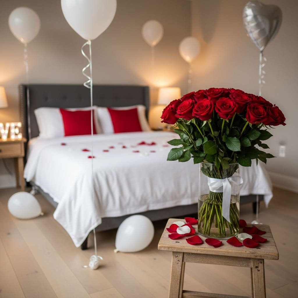 Minimal Rose Vase and White Balloon Valentine Bedroom Decor