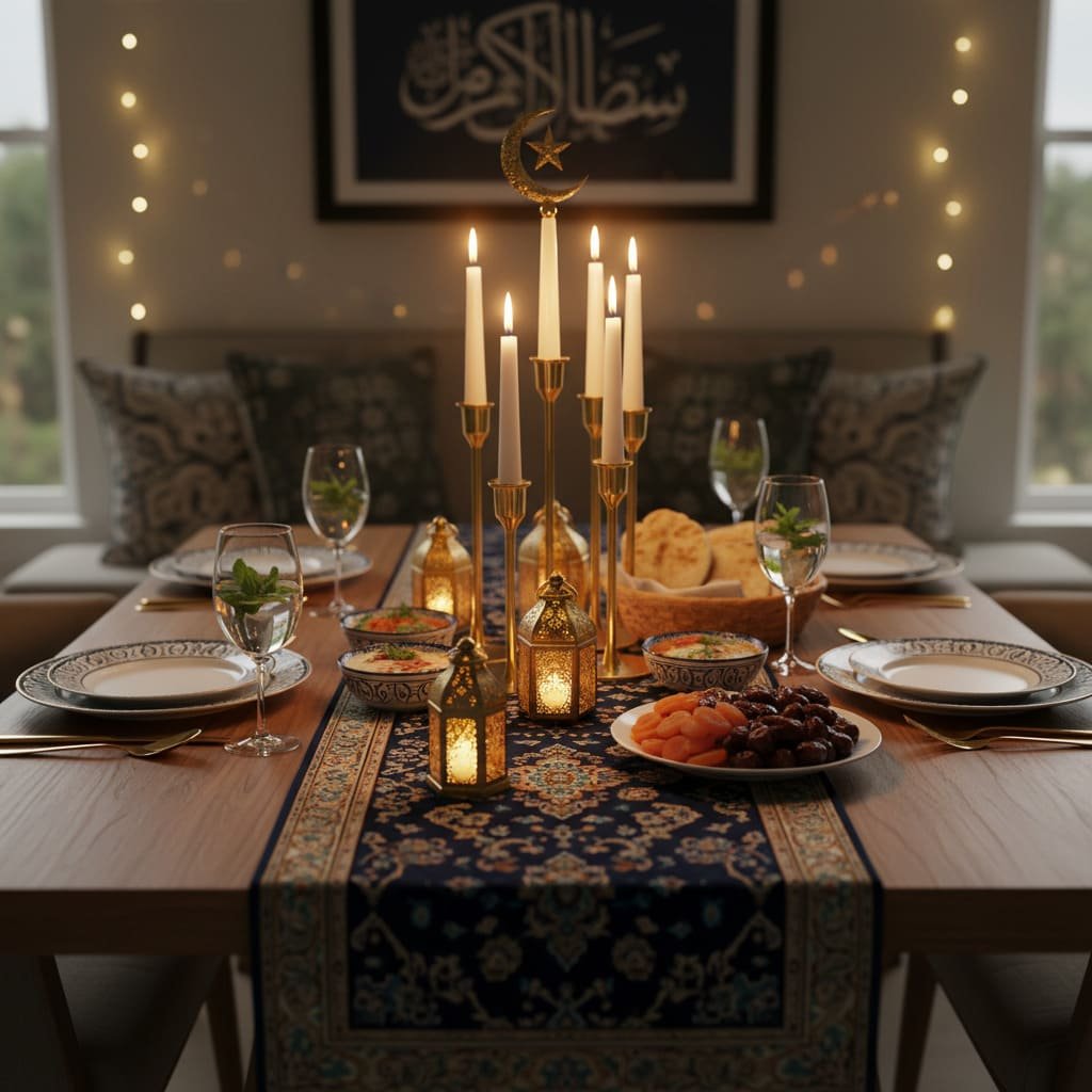 Navy Runner Candlelit Ramadan Iftar Table