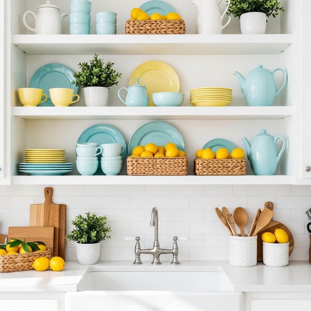 Pastel Dish and Lemon Open Shelf Spring Kitchen Decor