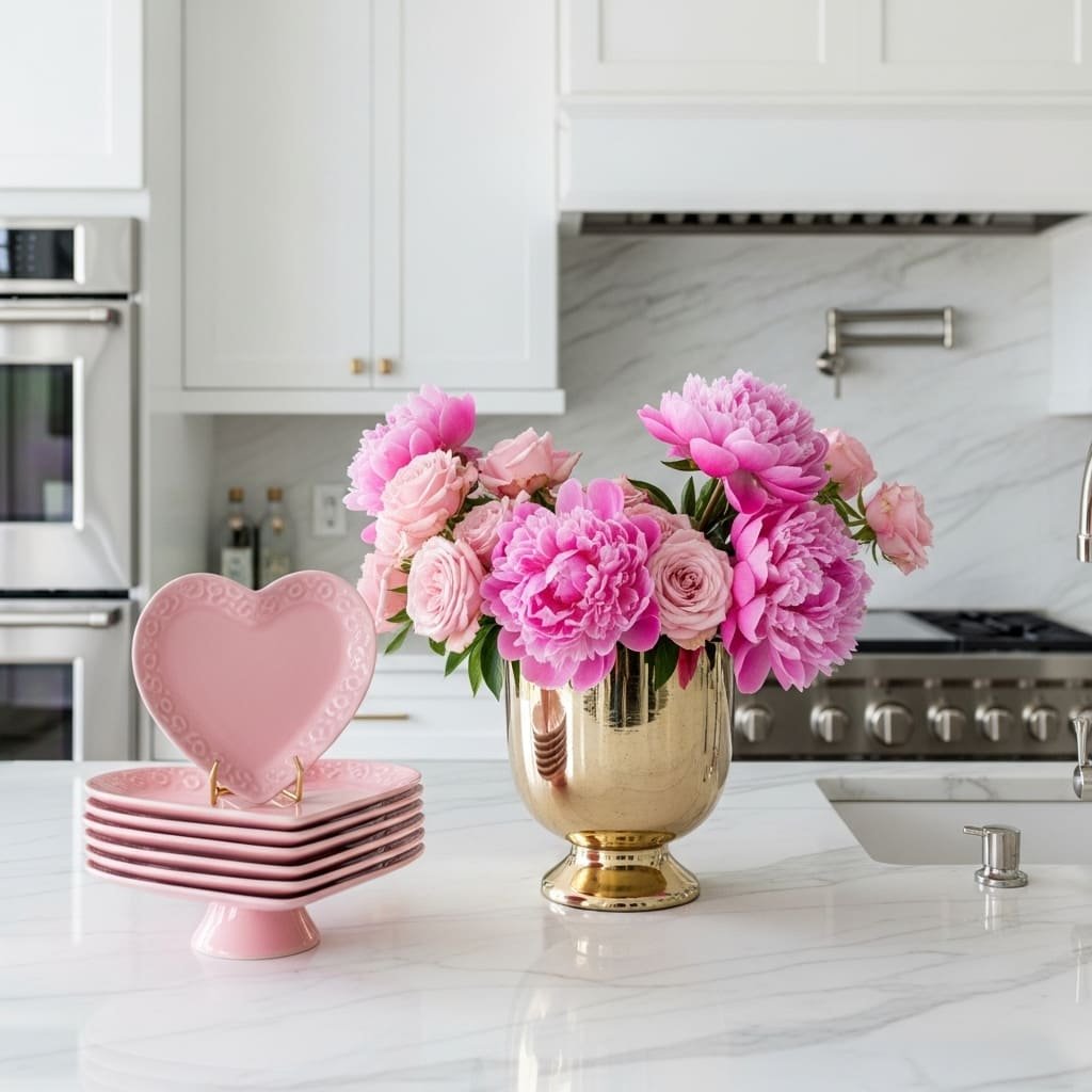 Pink Peony Vase and Heart Plate Spring Kitchen Decor