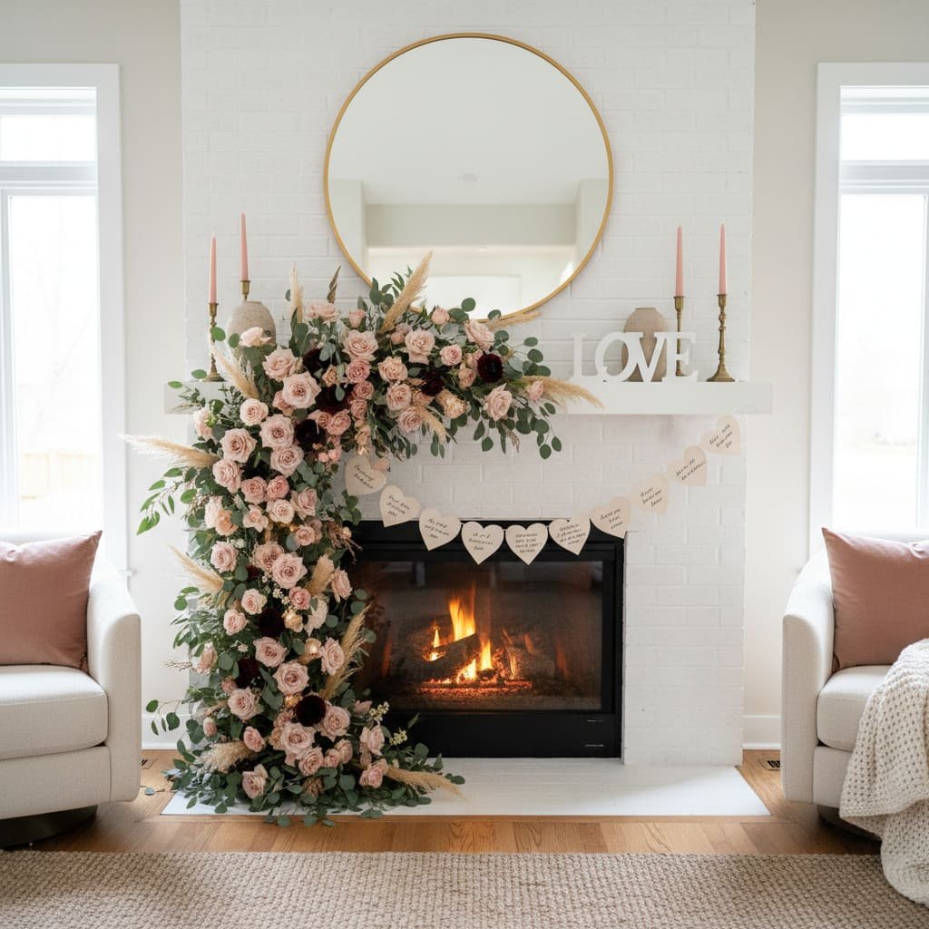 Romantic Floral Cascade Valentine Fireplace Mantel